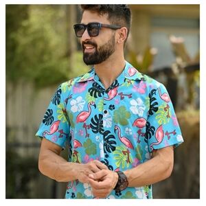 Alvish Flamingo Floral Hawaiian Button-Up Shirt 2XL‎